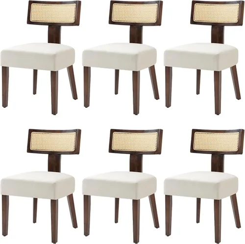 Miniatura 17 de Juego de 4 sillas de comedor, sillas de cocina de tela tapizada en madera, silla acolchada de lino sin brazos con respaldo curvo acentuado
