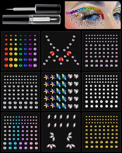 Juego de 9 hojas de calcomanías de diamantes de imitación para la cara, 1, múltiples formas con parte trasera plana, gemas de estrella y corazón,