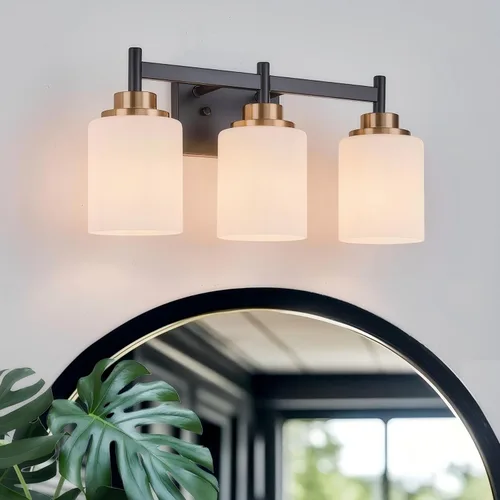 Miniatura 9 de Apliques de pared para baño negros y dorados, juego de 2 1 luz, 4.375 pulgadas de ancho, lámpara de tocador de vidrio blanco - Montaje de pared
