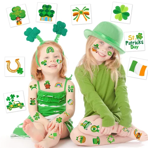 Miniatura 4 de HOWAF 96 tatuajes temporales del día de San Patricio, calcomanías de tatuaje de trébol con purpurina para decoraciones de fiesta irlandesa, tatuajes