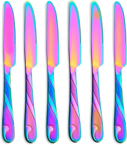 Juego de cuchillos de cena arcoíris, cuchillo de carne arcoíris brillante de acero inoxidable para mesa, juego de 6 cuchillos de 23.37 cm de