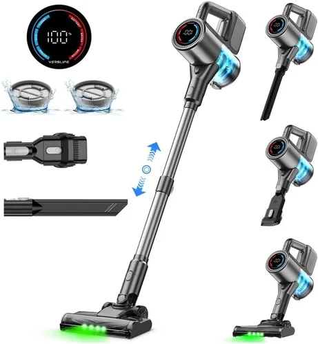 Aspiradora inalámbrica, 500 W/40 KPA, aspiradora de palo ligera de hasta 40 minutos de tiempo de funcionamiento, pantalla LED y faros verdes,