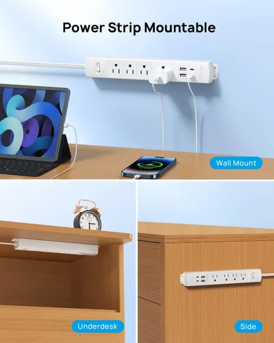 Miniatura 3 de TROND - Tira de alimentación de enchufe plano con cable de extensión plano USB de 10 pies, protector de sobretensión, montaje en pared, 2 puertos