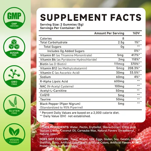 Miniatura 2 de Gomitas de ácido alfa lipoico R, ácido R-alfa lipoico estabilizado, suplemento ALA para apoyo antioxidante y metabolismo, veganas, sin OMG, sin