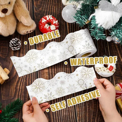 Miniatura 3 de Rollo de borde de tablero de anuncios de Navidad de 65 pies con diseño de copo de nieve y oro gris para vacaciones de invierno, Navidad, aula