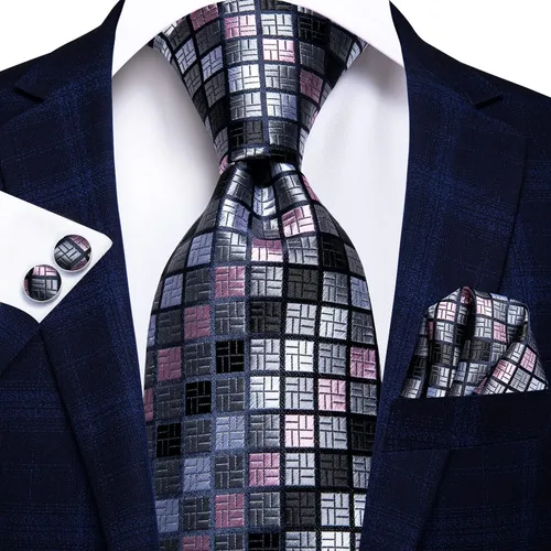 Miniatura 23 de Hi-Tie Corbata clásica de cachemira para hombre con pañuelo y gemelos a cuadros