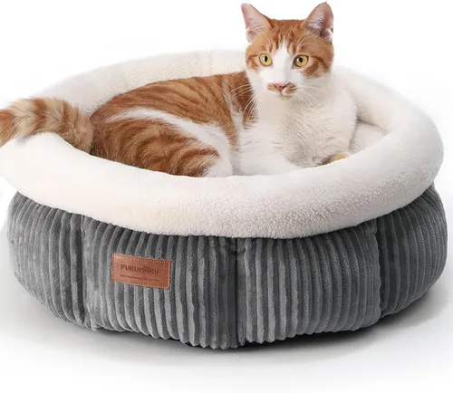Miniatura 9 de FUKUMARU Cama para gatos, camas redondas de pana para gatos de interior, cama lavable y esponjosa para mascotas para gatos y cachorros, camas suaves