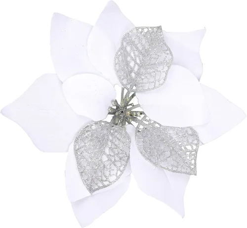 Miniatura 7 de YYCRAFT 12 flores artificiales de seda brillante con purpurina para decoración de árbol de Navidad (plata, 8 pulgadas)