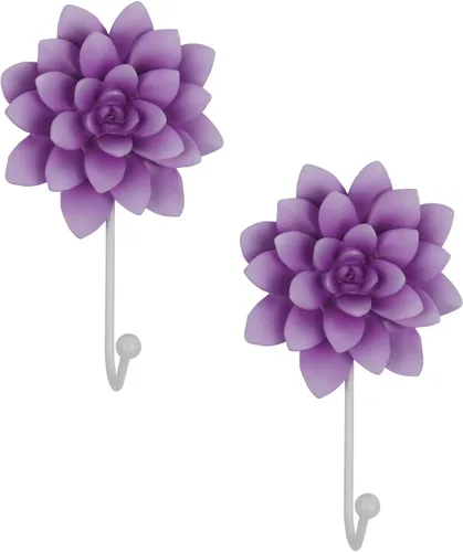 Guichifun Ganchos decorativos de pared en forma de flor, 2 piezas de resina púrpura vintage para llaves, bolsos, toallas, baño, sala de estar,