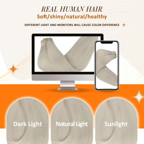 Miniatura 7 de Full Shine - Extensiones de cabello humano Remy real con clip para mujer, sin costuras, trama de poliuretano, cabello rubio blanco, lacio y sedoso