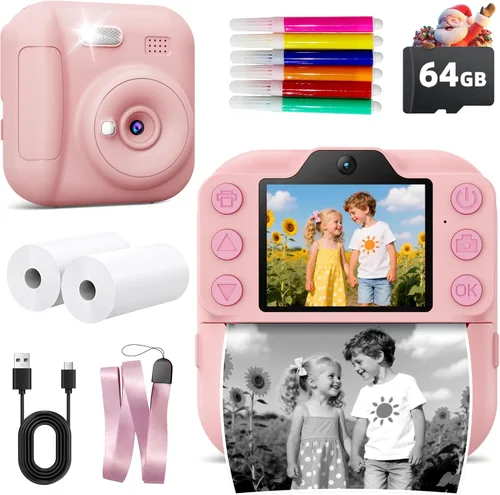 Cámara para niños de impresión instantánea, juguetes para niños pequeños, regalos de Navidad y cumpleaños para niñas y niños, cámara digital Rosa