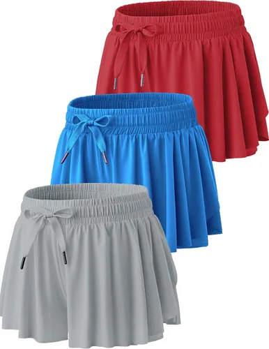 Miniatura 7 de Paquete de 3 pantalones cortos fluidos para niñas con forro de elastano, 2 en 1, faldas de mariposa para jóvenes, para fitness, correr, deportes