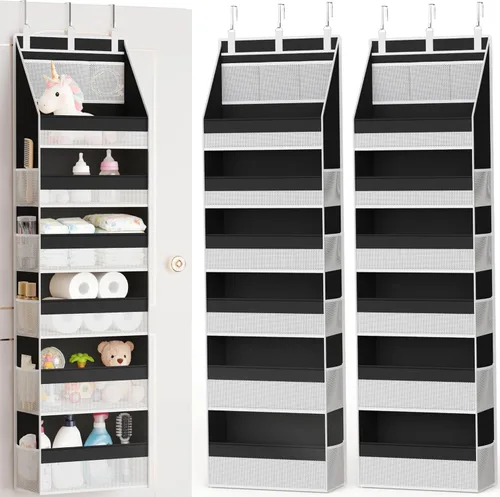 Miniatura 16 de Criusia Organizador sobre la puerta, almacenamiento colgante para armario de 6 estantes con 13 bolsillos de malla, capacidad de 25kg detrás