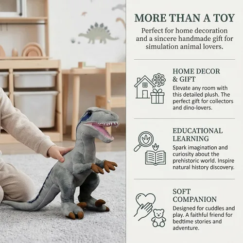 Miniatura 4 de Velociraptor - Juguete de peluche de dinosaurio tiranosaurio gris de 17 pulgadas, figuras de dinosaurio, tiranosaurio, juguetes de peluche suaves