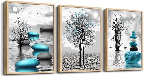 Miniatura 13 de Arte en lienzo enmarcado en negro para decoración de sala de estar y dormitorio - Pintura de pared de playa en blanco y negro - Imágenes de olas