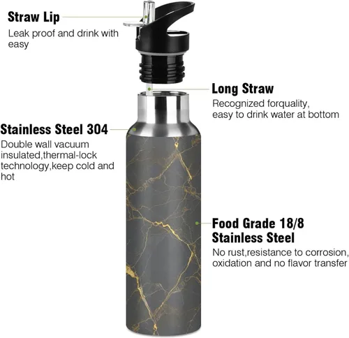 Miniatura 3 de Gray Marble Gold Yellow Insulated Water Bottle 32 Oz, BPA-Free Sports Water Bottle with Straw Leakproof Water Bottles