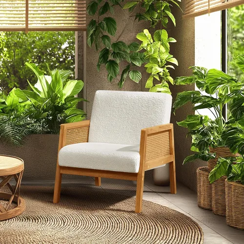 Miniatura 7 de Yaheetech Silla decorativa, sillón moderno de ratán, cómoda silla de lino con patas de madera para sala de estar, dormitorio, sala de lectura, Beige