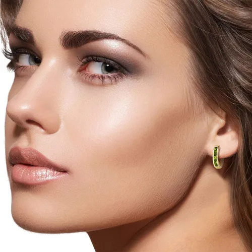 Miniatura 5 de Galaxy Gold GG Aretes de aro de oro macizo de 14 quilates con peridoto natural de corte princesa, Metal Gema, Peridoto