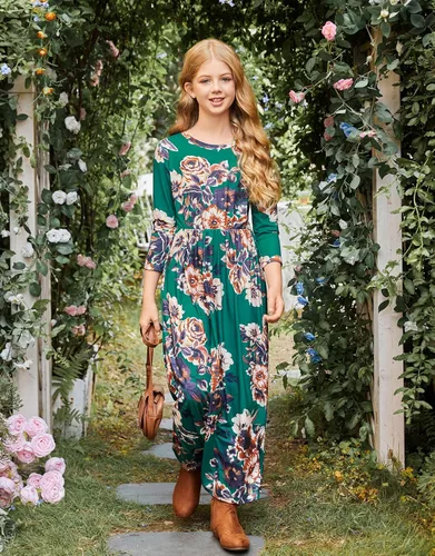 Miniatura 40 de 21KIDS Vestido largo floral de manga larga 3/4 con bolsillos para niñas de 6 a 12 años