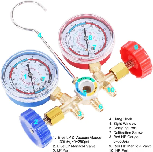 Miniatura 3 de JIFETOR - Juego de manómetros de CA de 3 vías de herramienta de carga HVAC de diagnóstico para hogar automático refrigerante R404A R134A