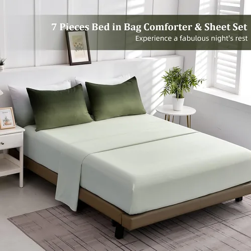 Miniatura 4 de Juego de edredón de 7 piezas color verde oliva para cama King - Juego de cama ligero con gradiente de color verde oscuro en una bolsa, juego de cama