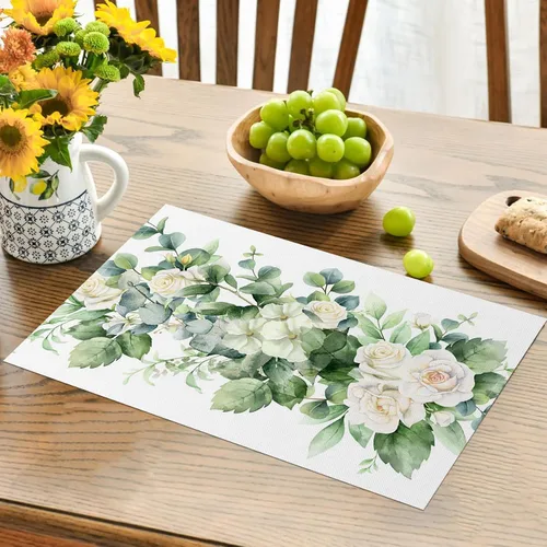 Miniatura 3 de AOFOTO Juego de 4 manteles individuales con estampado floral de hojas de eucalipto verdes con acuarela, manteles individuales rectangulares lavables