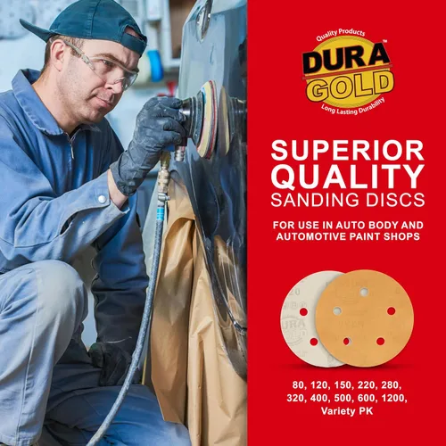 Miniatura 5 de Dura-Gold - Premium - Grano 320 - Discos de lija dorados de 5 pulgadas - Gancho y bucle sin polvo de 5 agujeros para lijadora DA - Caja de 50 discos