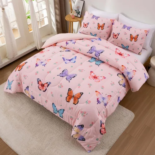 Miniatura 3 de Btargot Juego de edredón de 3 piezas con diseño de mariposas para niños, juego de cama con estampado de flores coloridas para mujeres y niñas