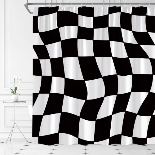Cortina de ducha a cuadros en blanco y negro, retro, estética, abstracta, de los años 60 y 70, tela hippie para decoración del hogar, juego de Negro