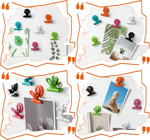 Miniatura 7 de Paquete de 16 clips magnéticos, clips de metal resistentes con imán fuerte para refrigerador y pizarra blanca, suministros coloridos para profesores