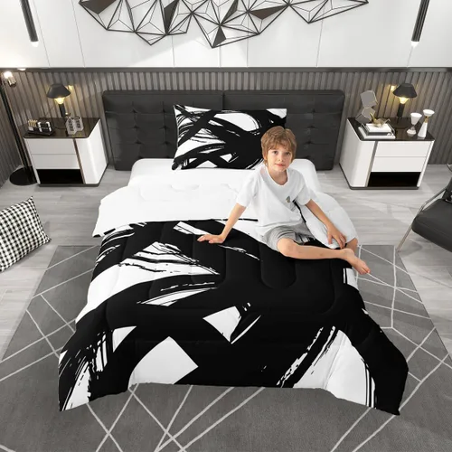 Miniatura 54 de jejeloiu Juego de edredón geométrico para niños, tamaño individual, diseño de rayas de color negro, blanco y gris, juego de ropa de cama decorativo