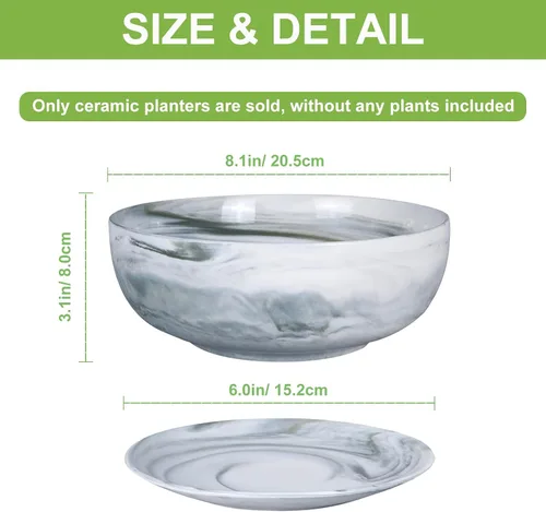Miniatura 2 de G EPGardening Macetas Bonsai, Maceta de Cerámica de 8 Pulgadas con Patrón de Mármol y Orificio de Drenaje y Platillo para Plantas, Maceta Grande