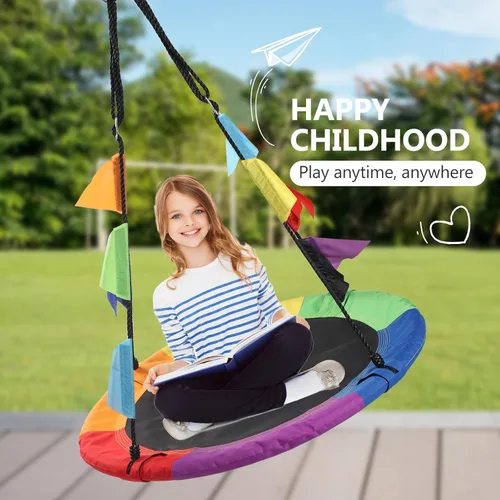 Miniatura 6 de Columpio de árbol de platillo de 40 pulgadas para niños, columpio redondo al aire libre con correas para colgar y cuerdas ajustables, fácil montaje