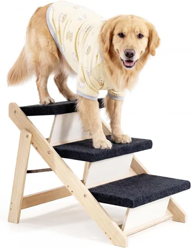 MEWANG Escaleras y rampa de madera para perros y gatos pequeños/medianos, mascotas mayores – 3 en 1, plegable, portátil, escalera antideslizante 3