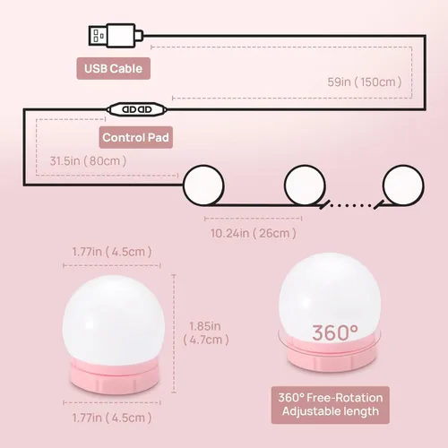 Miniatura 2 de Consciot Luces LED para espejo de tocador, luz de tocador estilo Hollywood con 10 focos regulables, color y brillo ajustables, cable USB, luces