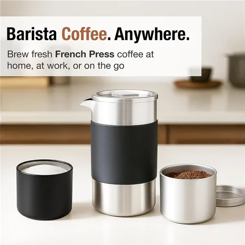 Miniatura 2 de Juego de cafetera de prensa francesa para camping, 12 onzas, cafetera de prensa francesa portátil de viaje, aislamiento de doble pared con filtros