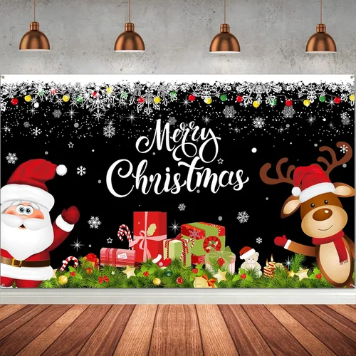 Irenare Pancarta de Navidad telón de fondo de Papá Noel, reno y Feliz Navidad, cartel interior para Navidad, fiesta de vacaciones, cabina de fotos,