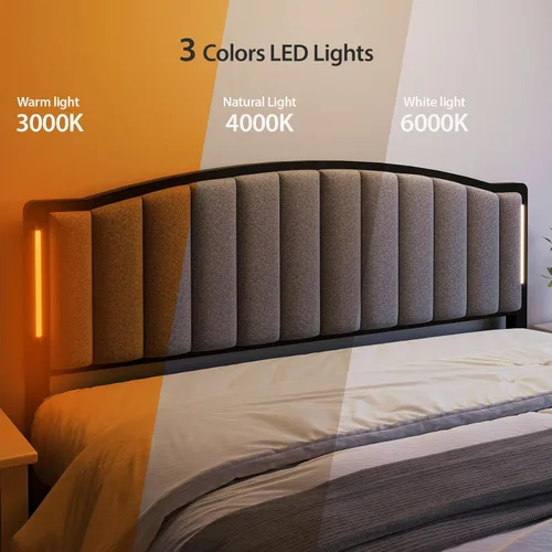 Miniatura 5 de Cabecera para cama tamaño Queen con luces LED, cabecero tapizado de canal vertical acolchonado, cabecera de cama de tela de lino, marco de fijación