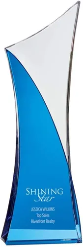 Baudville Trofeo grabado personalizado - Premio de la torre - Premio de cristal de zafiro - Rápido - Grabado personalizado de hasta tres líneas y