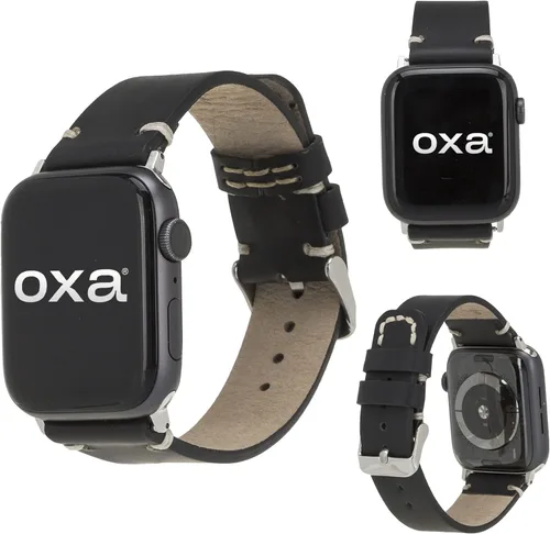 OXA Leather Stitch Detailed Compatible with Apple Watch Band | Series 8 7 6 5 4 3 2 1 SE Ultra | Polished Stainless-Steel Buckle and Adapters | Men