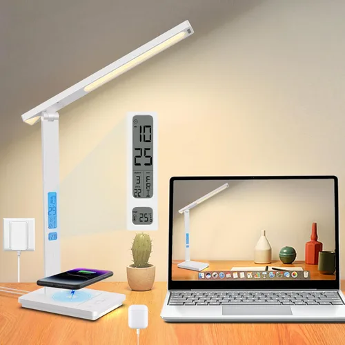 Miniatura 16 de Lámpara de escritorio LED para oficina en casa, puerto de carga USB, luz de escritorio de lectura con 5 temperaturas de color, atenuación continua