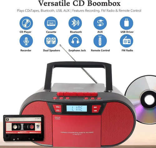Miniatura 2 de Boombox Reproductor de CD Portátil, Combo Reproductor de Casete con CD MP3 Bluetooth AUX TF USB Radio FM Alimentado por AC/DC, Caja de Boom