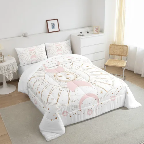 Miniatura 2 de Juego de edredón bohemio dorado tamaño Queen para niños y niños, decoración de habitación de luna rosa, misterioso, bohemio, juego de ropa de cama