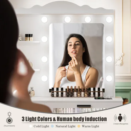 Miniatura 2 de HWB Escritorio de maquillaje con espejo y luces, mesa de tocador con 5 cajones y 2 estantes, juego de tocador para dormitorio, tocador con 10