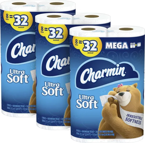 Charmin Papel higiénico ultra suave de 2 capas, 264 hojas por rollo, 8 rollos por paquete, caja de 3 paquetes
