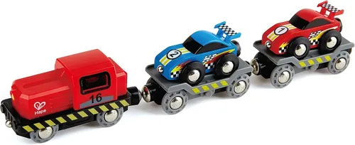 Hape Transportador de autos de carreras | Juego de transporte de autos de tren de juguete de madera de seis piezas para niños