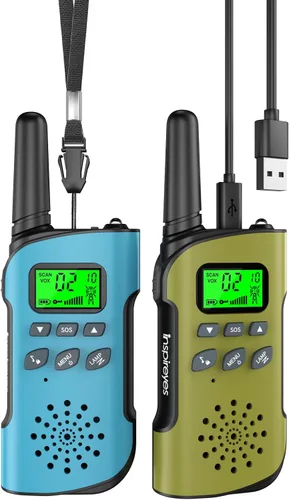 Miniatura 14 de Inspireyes Walkie Talkies para niños, paquete de 2 recargables de largo alcance, juguetes para niños y niñas de 3 a 12 años, juguete de radio de 2