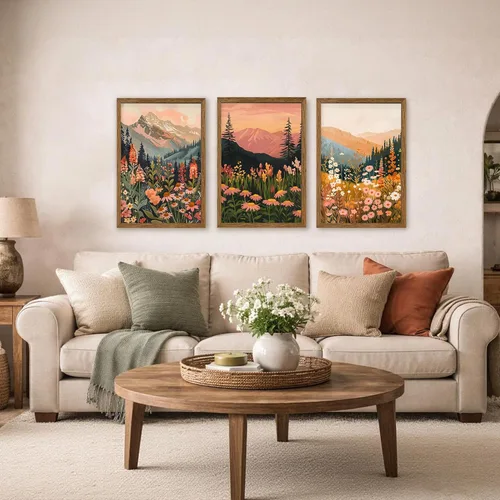 Miniatura 2 de WRFON Lienzo botánico y de flores, arte enmarcado de pared de paisaje de montaña, juego de 3, impresión en lienzo de prado de flores silvestres