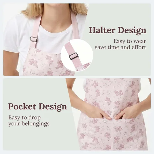 Miniatura 4 de Kitchen Apron, Double Sided Floral Adjustable Waterproof Apron with 2 Pockets for Baking, Salon, BBQ for Mom Wife