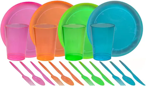 Miniatura 6 de Tiger Chef El paquete de 272 copas de champán neón Fiesta incluye platos de plástico duro, servilletas de papel neón y vasos de champán de plástico